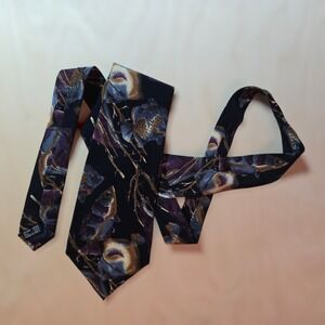 Charles Jourdan Paris Fish Tie Floral Silk Cravat 1990s 56" x 4" Purple Blue VTG